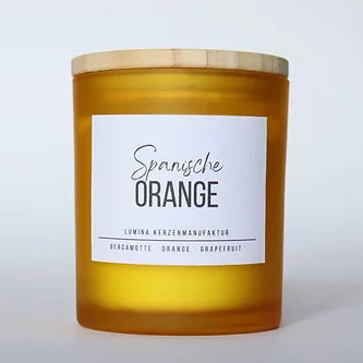 Duftkerze Spanische Orange im Glas mit Holzdeckel von Lumina Kerzenmanufaktur, Made-in-Germany